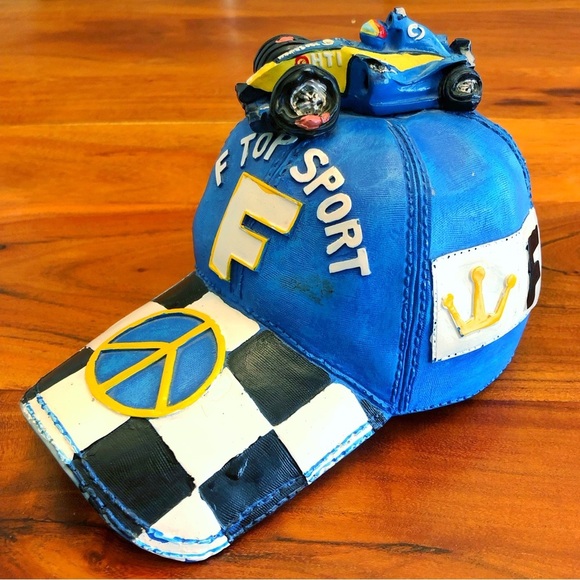 Vintage Rear F1 Car On Top Blue Cap with Black & White Checkered Coin Piggy Tank - Picture 1 of 12